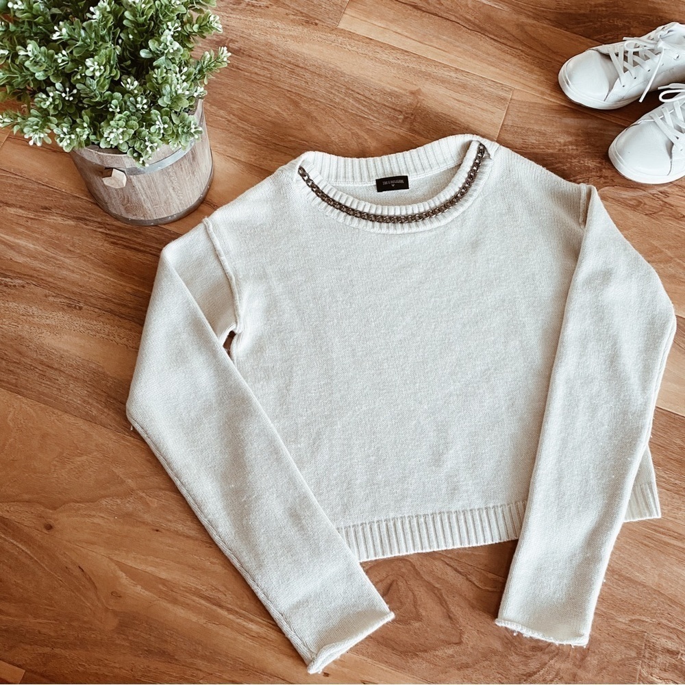 True Religion Cream Ivory Pullover Sweater Chain Neck Knitted Cozy Outerwear S